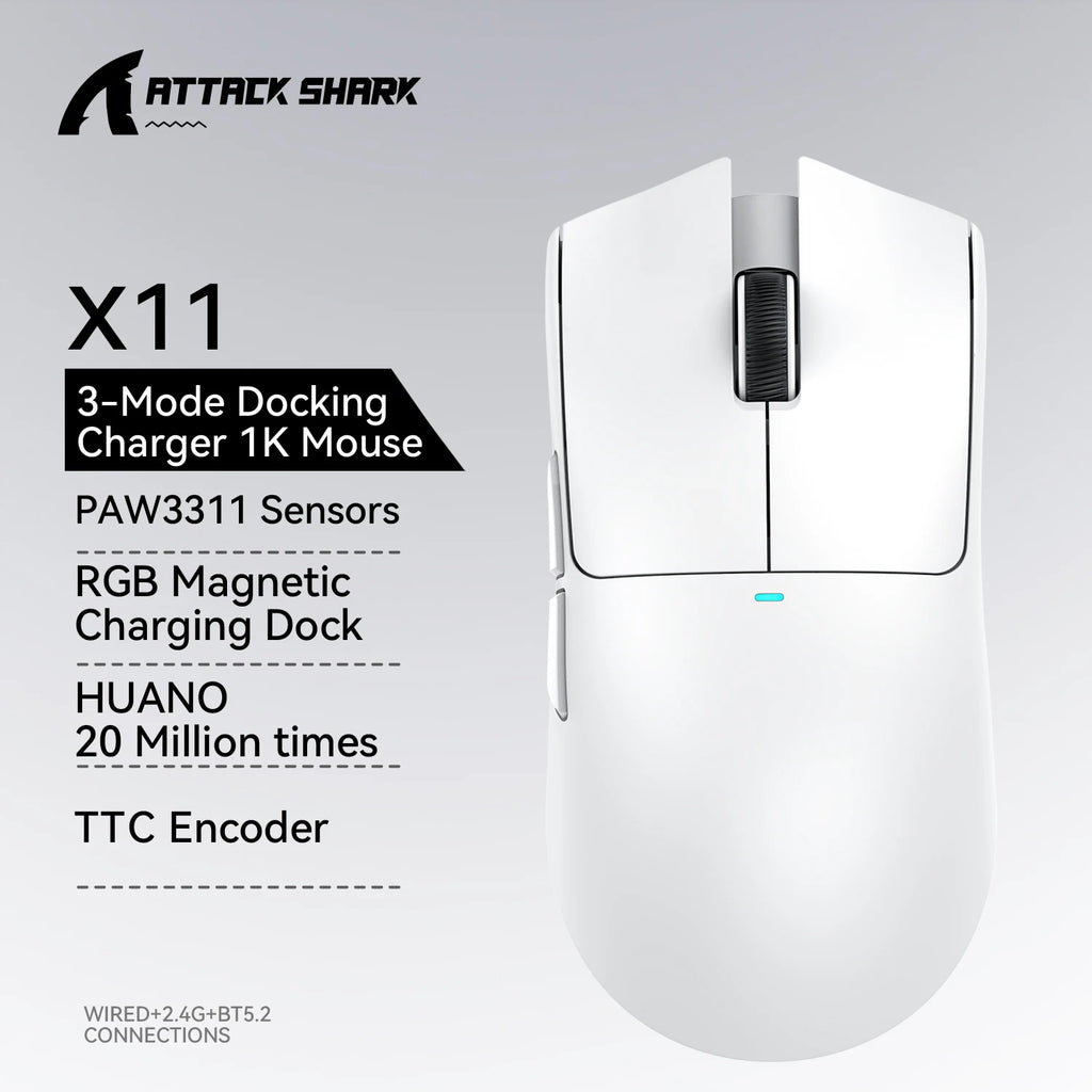 Attack Shark X11 3-Mode Connection /2.4GHz/Bluetooth ,PAW3311 ,400IPS,22K000DPI,RGB ,PC  Wireless Gaming Mouse