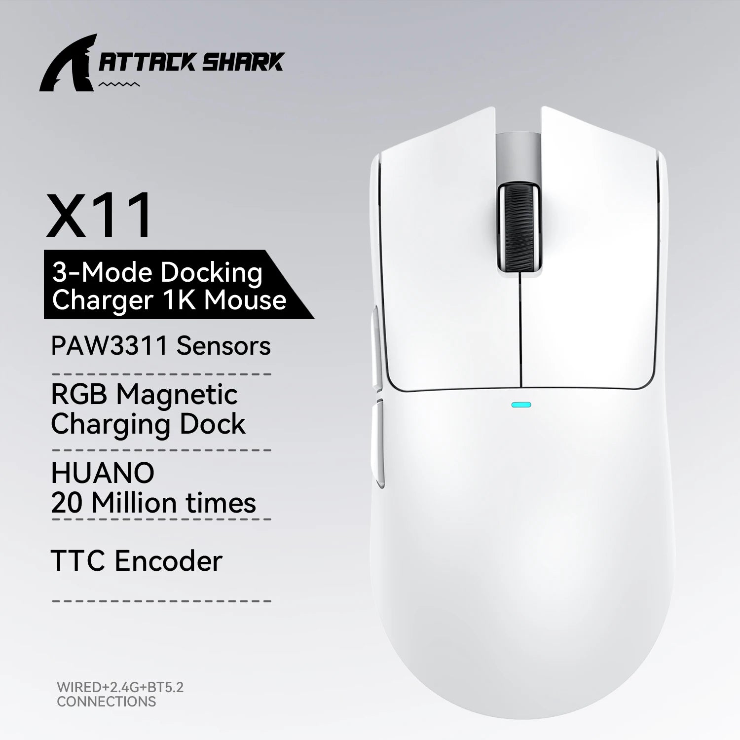 Attack Shark X11 3-Mode Connection /2.4GHz/Bluetooth ,PAW3311 ,400IPS,22K000DPI,RGB ,PC  Wireless Gaming Mouse