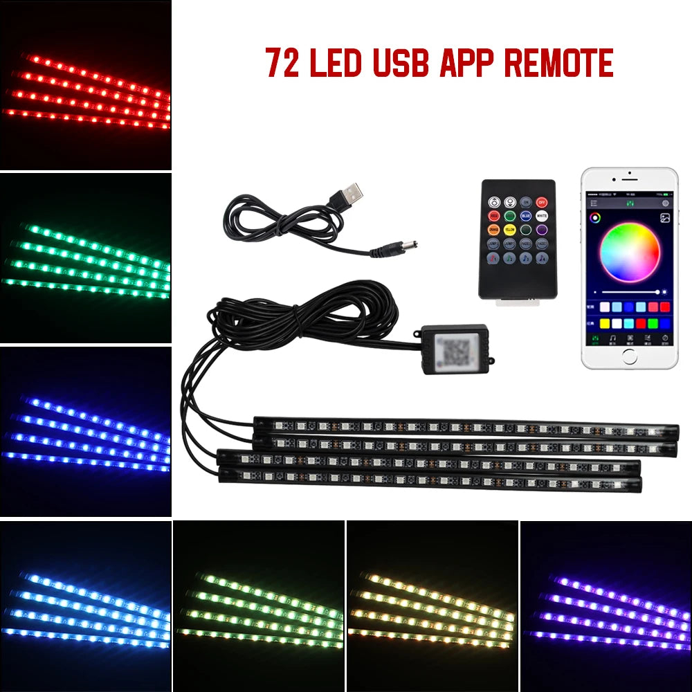 Neon 36 48 72 LED Car Interior Ambient Foot Light Wireless Remote Music APP Control Auto RGB Atmosphere Decorative Lamp