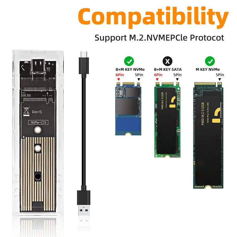 M.2 NVME PCIe NGFF SATA Dual Protocol SSD Case Clear USB Type C 10Gbps PCI-E M2 SSD Transparent External Enclosure Hard Disk Box