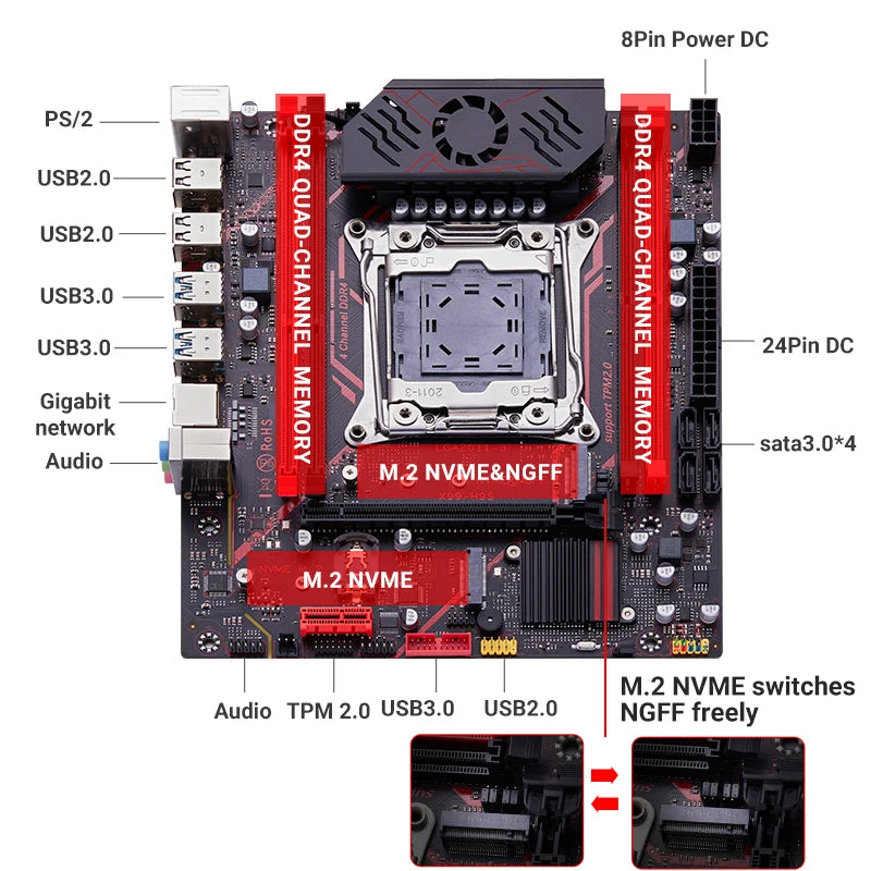 Qiyida X99 motherboard kit LGA2011 3 Xeon E5 2680 V4 2*8GB 16GB DDR4 3200Mhz 4 channels NVME USB3.0 SATA3.0 TPM 2.0 Interface
