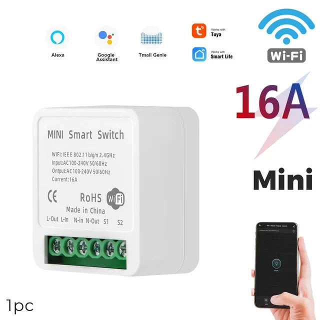 16A Tuya WiFi Smart Switch 2-way Control Mini Smart Breaker  Timer Relay Work With Smart Life Alexa Google Home Alice