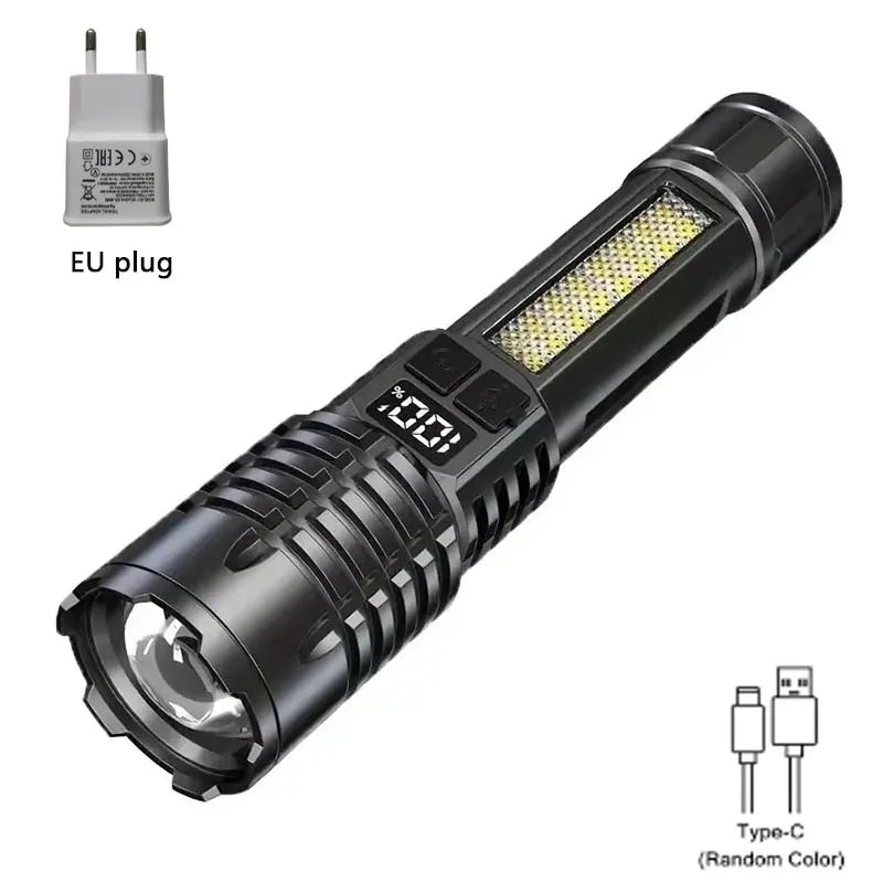 Heinast High Power LED Flashlight Powerful TYPE-C Rechargeable COB Flashlight With Side Light Torch For Outdoor Camping Hiking