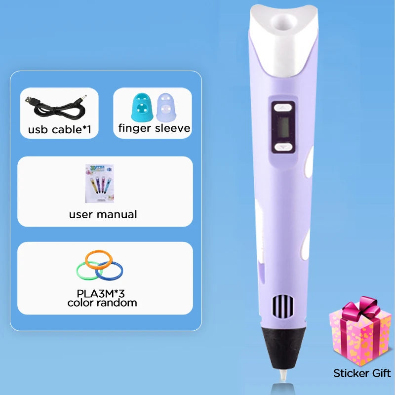 Kids 3D Printing Pen With LCD Screen & Stickers Compatible PLA Filament Safe With 9M PLA Girls Boys Birthday Gift Toys Print Pen