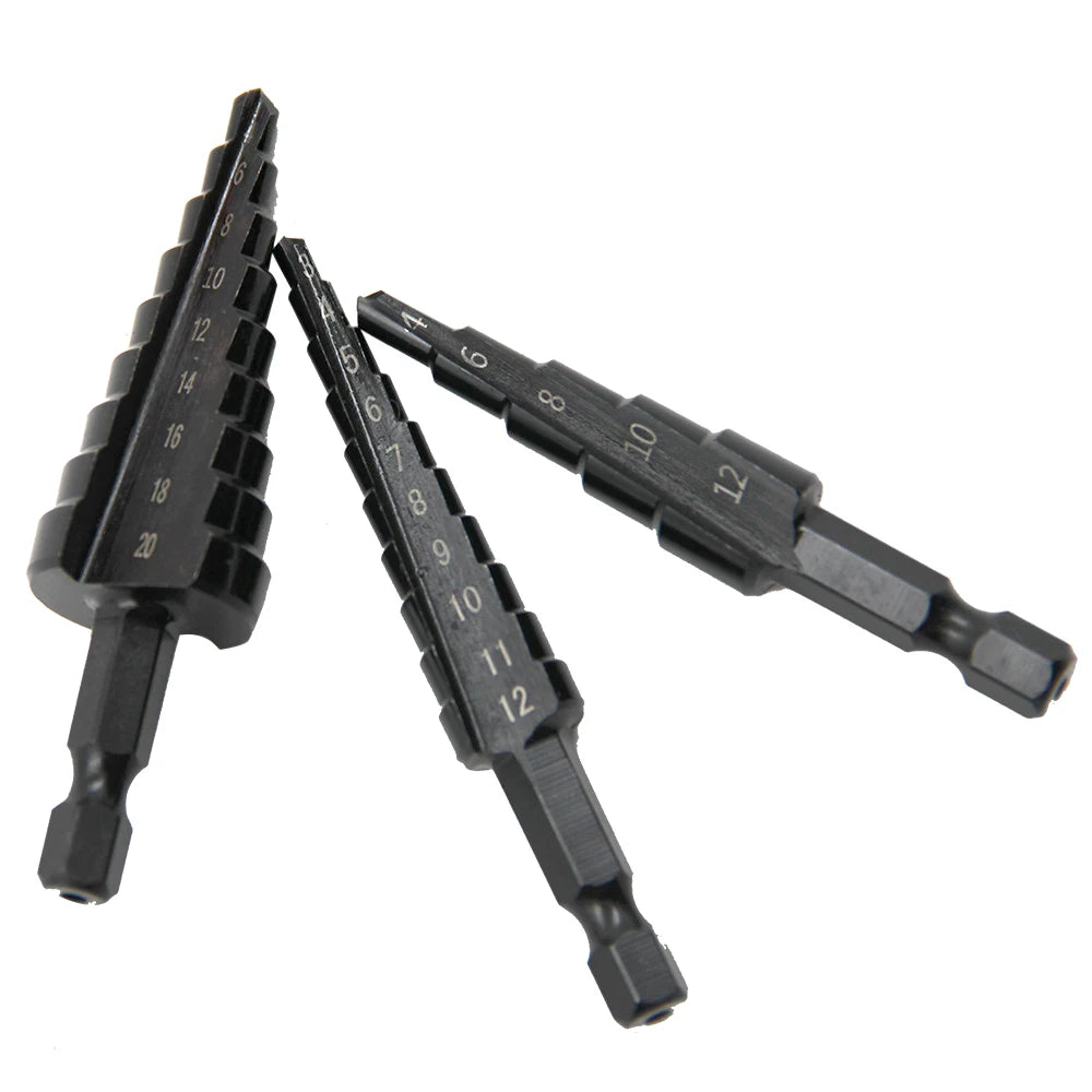 3pc Black Hexagonal Shank Straight Slot Ladder Drill Bit Reaming and Hole Opening Blackened Pagoda Drill Tool Set