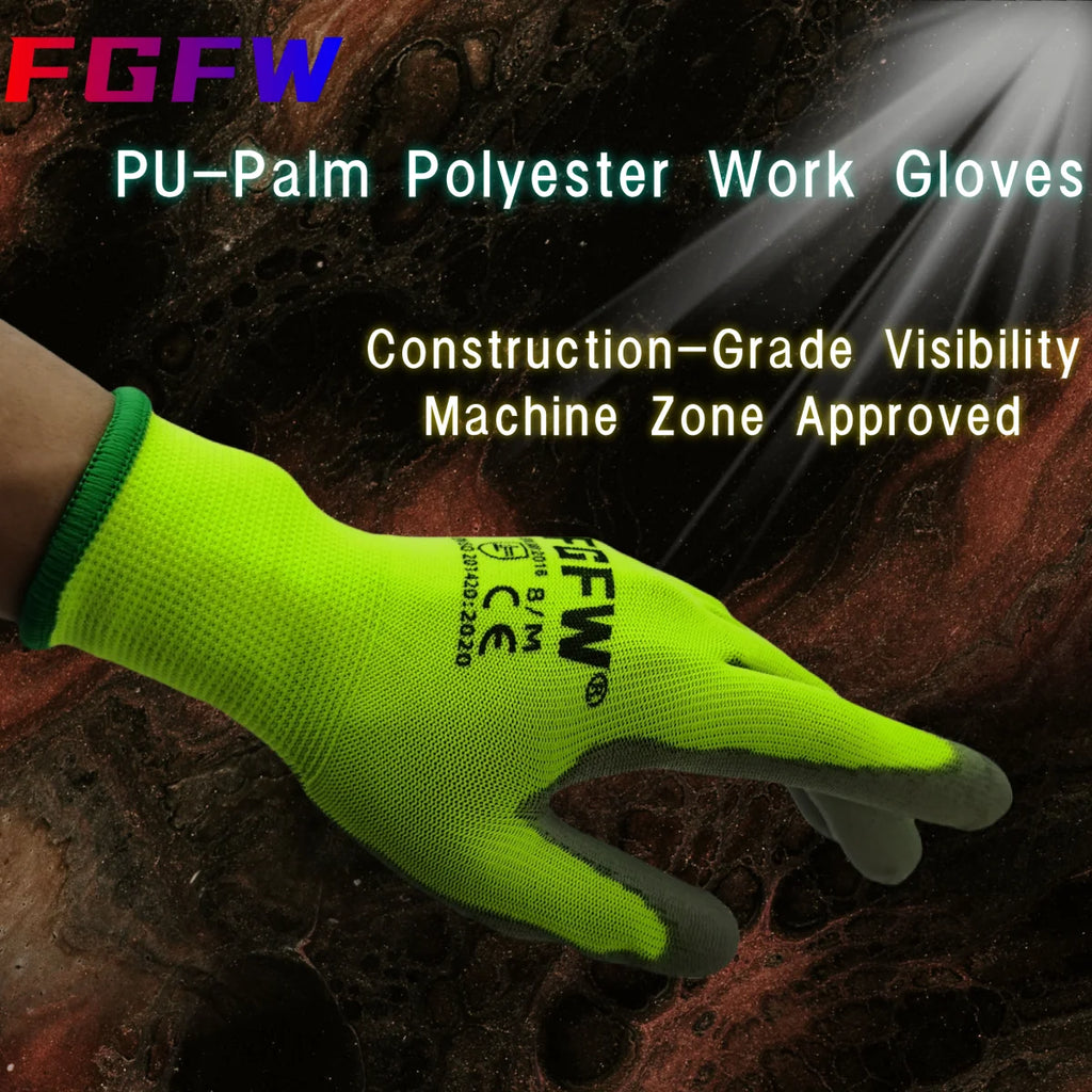 10 Pairs PU Coated Work Gloves - Lightweight, Durable Safety Gloves EN 388/ISO20471 Certified, Sizes S/M/L/XL