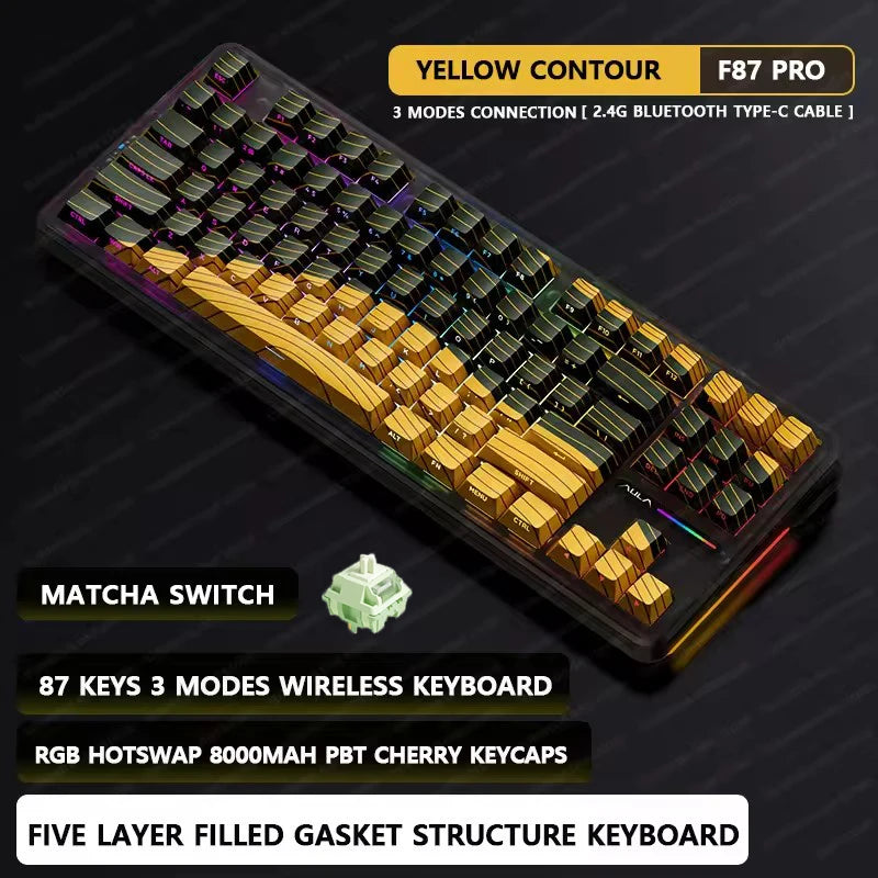 AULA F87 Pro Mechanical Keyboard 2.4g/Usb/Bluetooth Tri Mode Wireless 87 Key Rgb Pbt Gasket 5 Layer Silencing Full Key No Impact