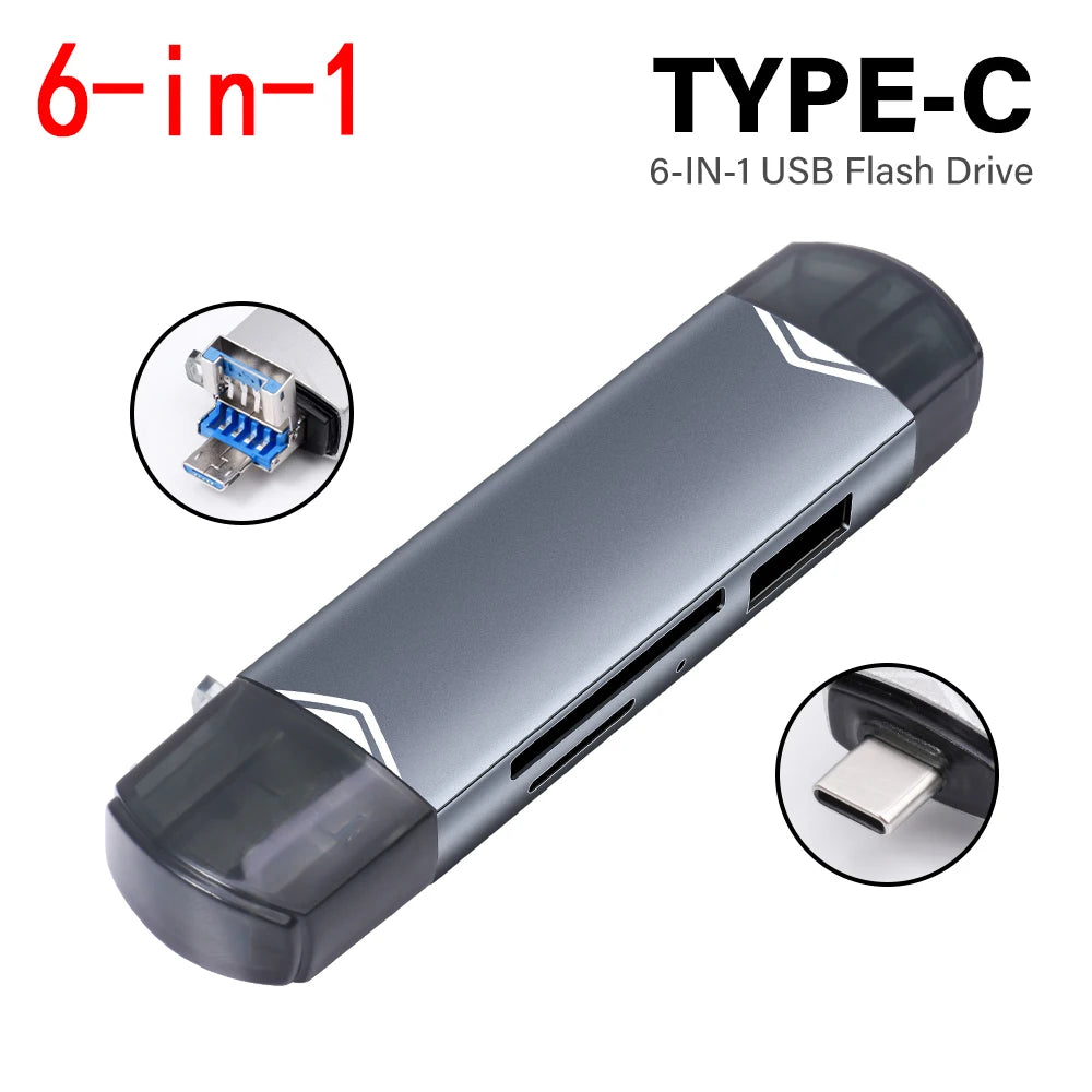 JASTER 6 In 1 Multifunction USB 3.0 Card Reader U Disk TYPE-C/Usb/Tf/Sd Flash Drive Memory Card for Adapter Phone Laptop Compute