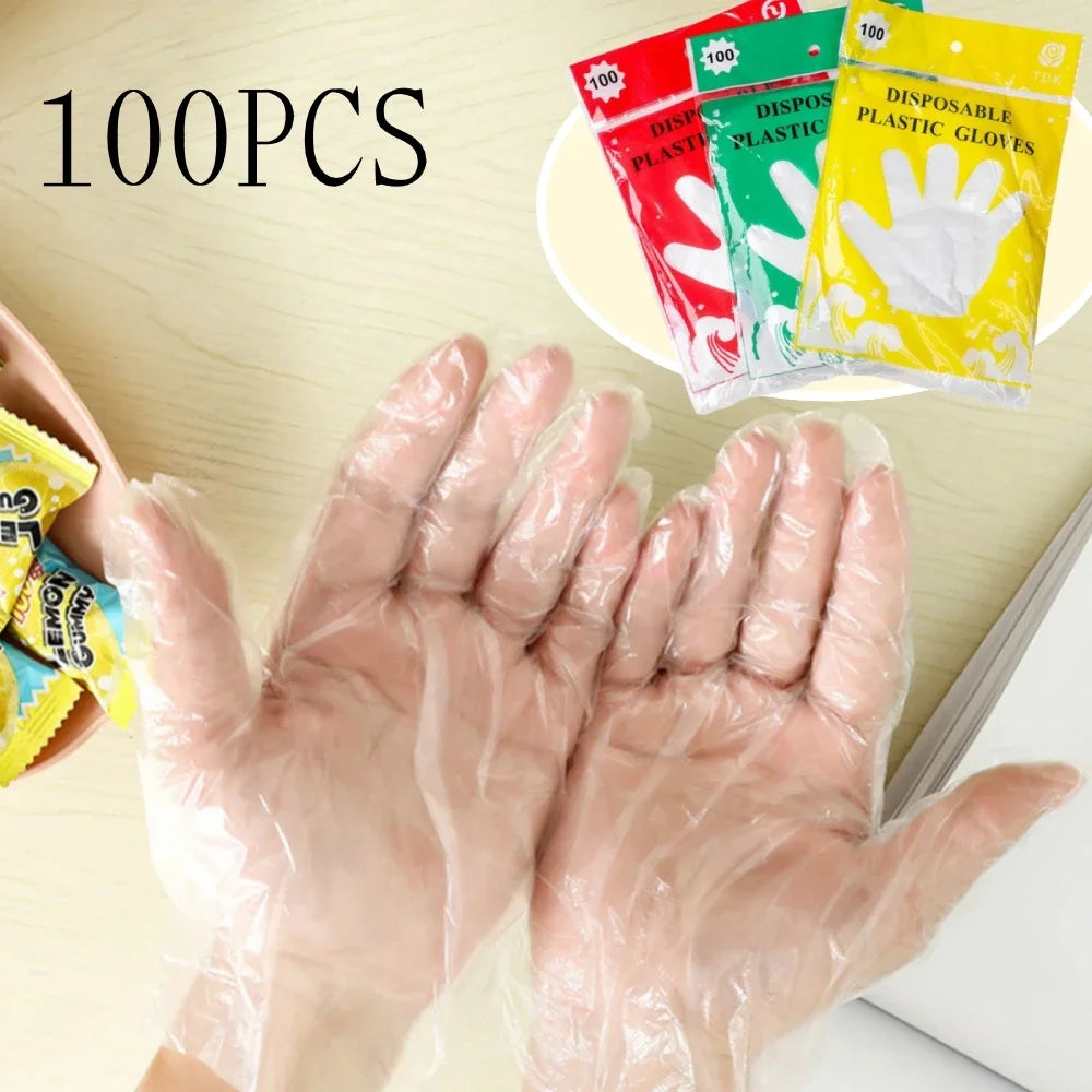 100Pcs Disposable Gloves Transparent Disposable Plastic Gloves Food Grade Kitchen Gloves Waterproof robust Plastic Gloves
