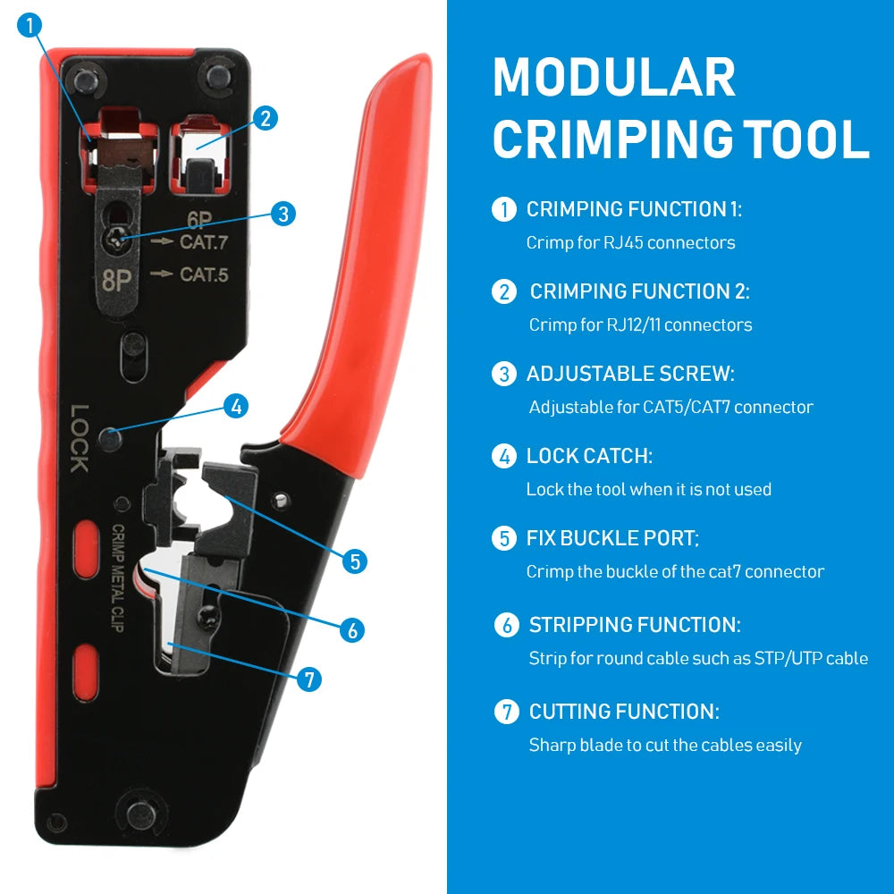 Cat7 RJ45 Crimp Tool compatible for Cat7/6a/6/5e Ethernet Cable with Cut/Strip Multi-function crimper With Spare blades