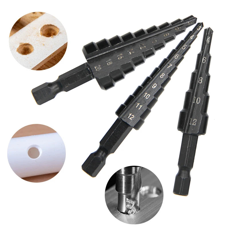 3pc Black Hexagonal Shank Straight Slot Ladder Drill Bit Reaming and Hole Opening Blackened Pagoda Drill Tool Set