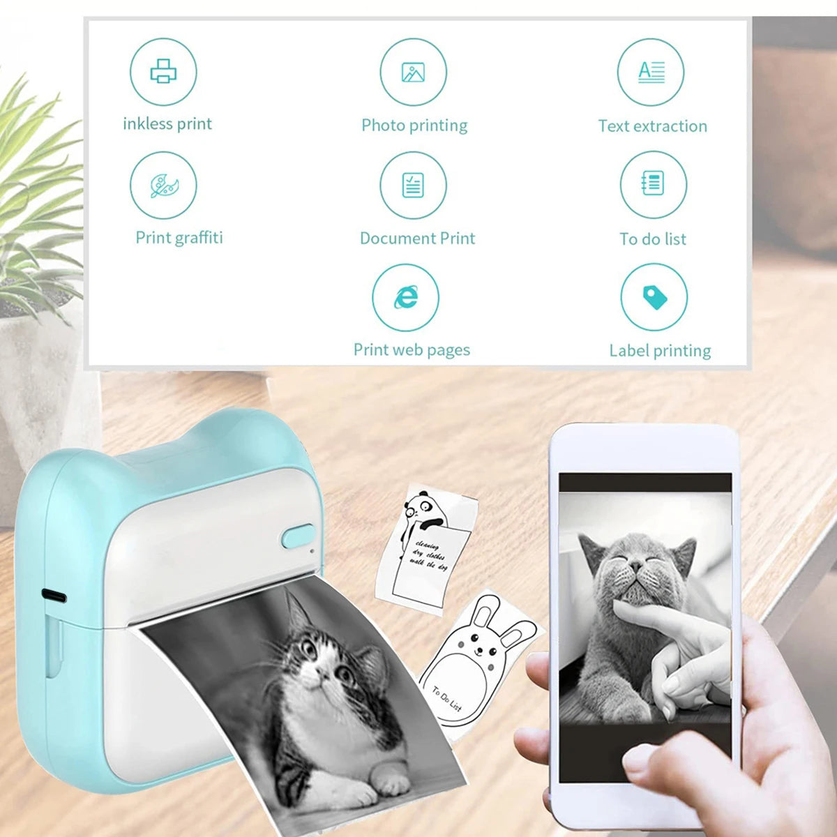 Portable Mini printer,thermal pocket Label  printer, for Android or IOS APP, inkless sticker printer, suitable for home, office