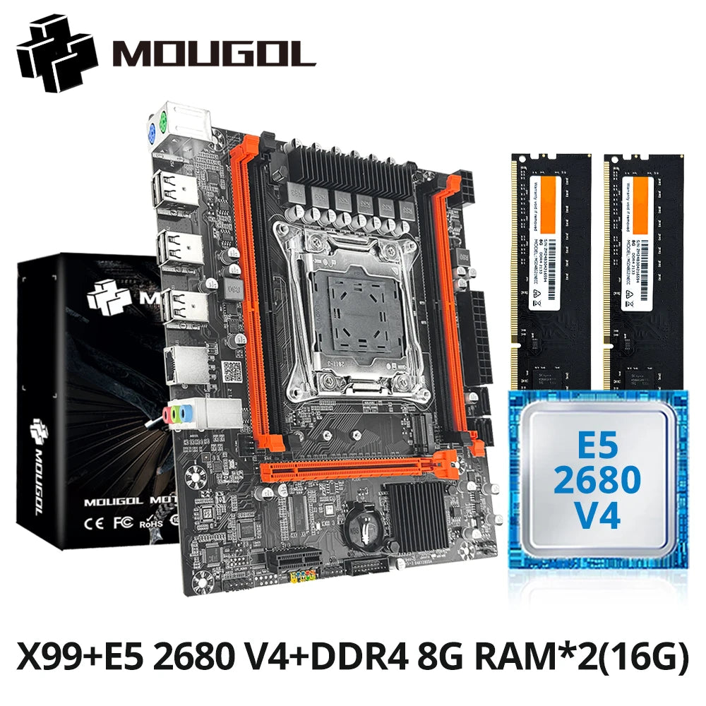 MOUGOL New X99 Motherboard Set with Intel Xeon E5 2680 V4 & DDR4 16G (8G*2) 2133MHz Dual Channel  RAM M.2 NVME for Desktop Host