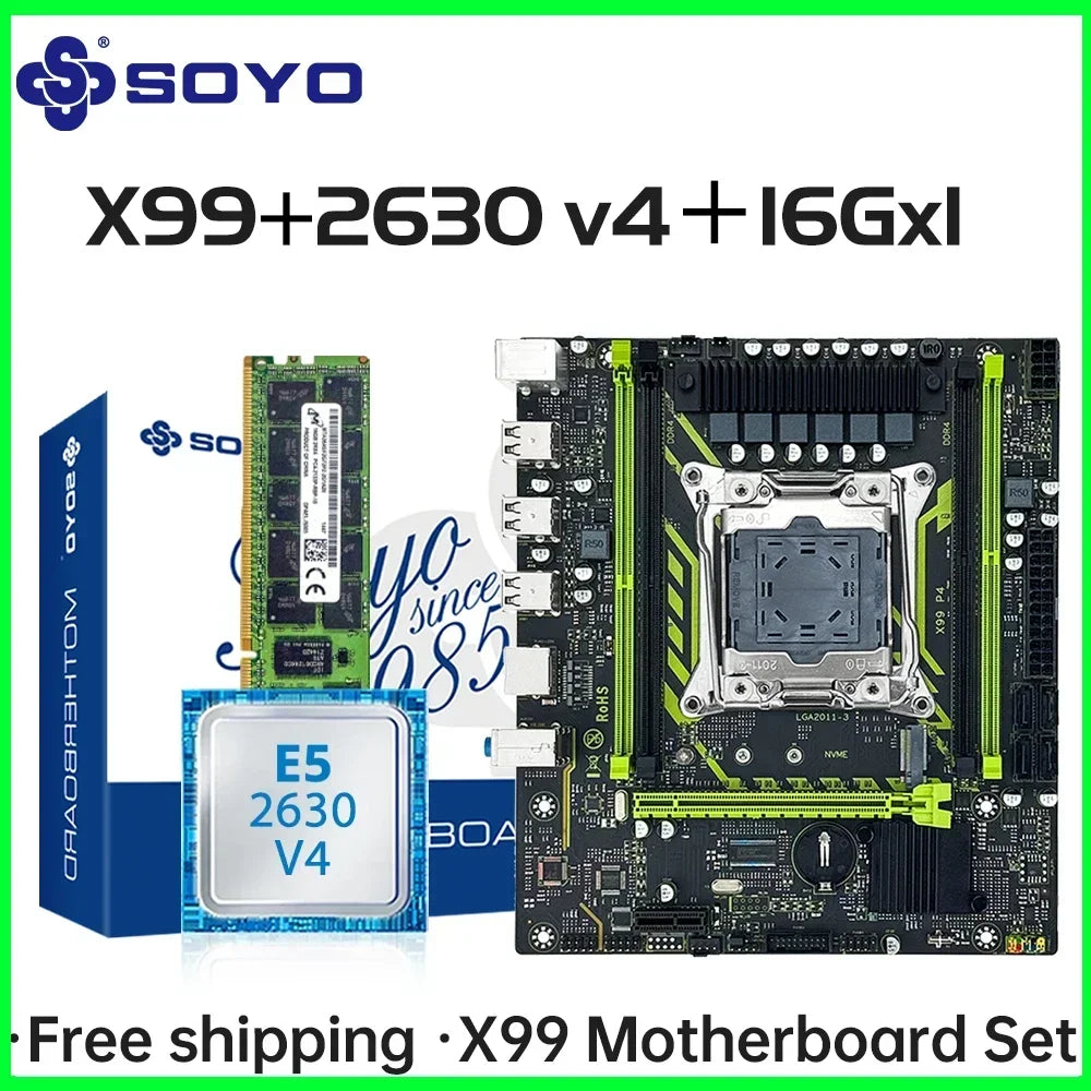 SOYO X99 Motherboard Set With LGA2011-3 Xeon E5 2630 V4 CPU DDR4 16GB (1*16GB)  2133MHz RAM NVME M.2 SATA Computer Accessories