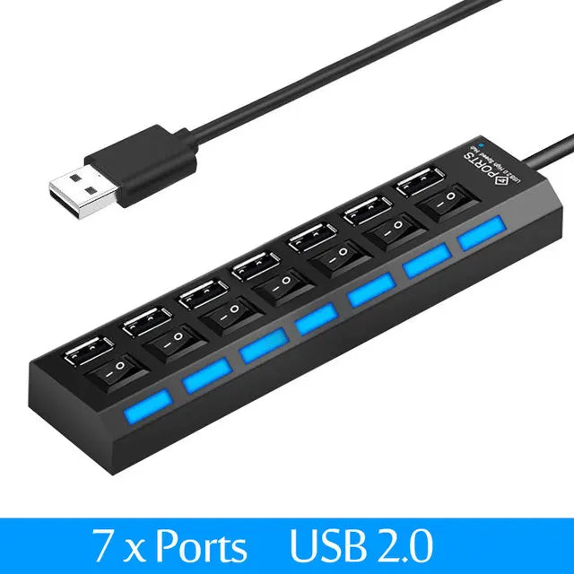 Coolcirc 7-Port USB 2.0 Switch Extension Hub - 1 to 7 USB Splitter for PC/Laptop/Desktop (Quick-Connect, Multi-Device Expansion)