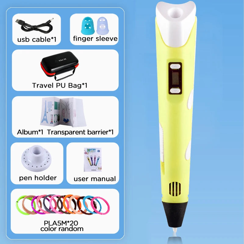 3D Pen Drawing Printing Pen With LCD Screen Compatible PLA Filament Toys Safe Paiting for Children DIY Christmas Birthday Gift