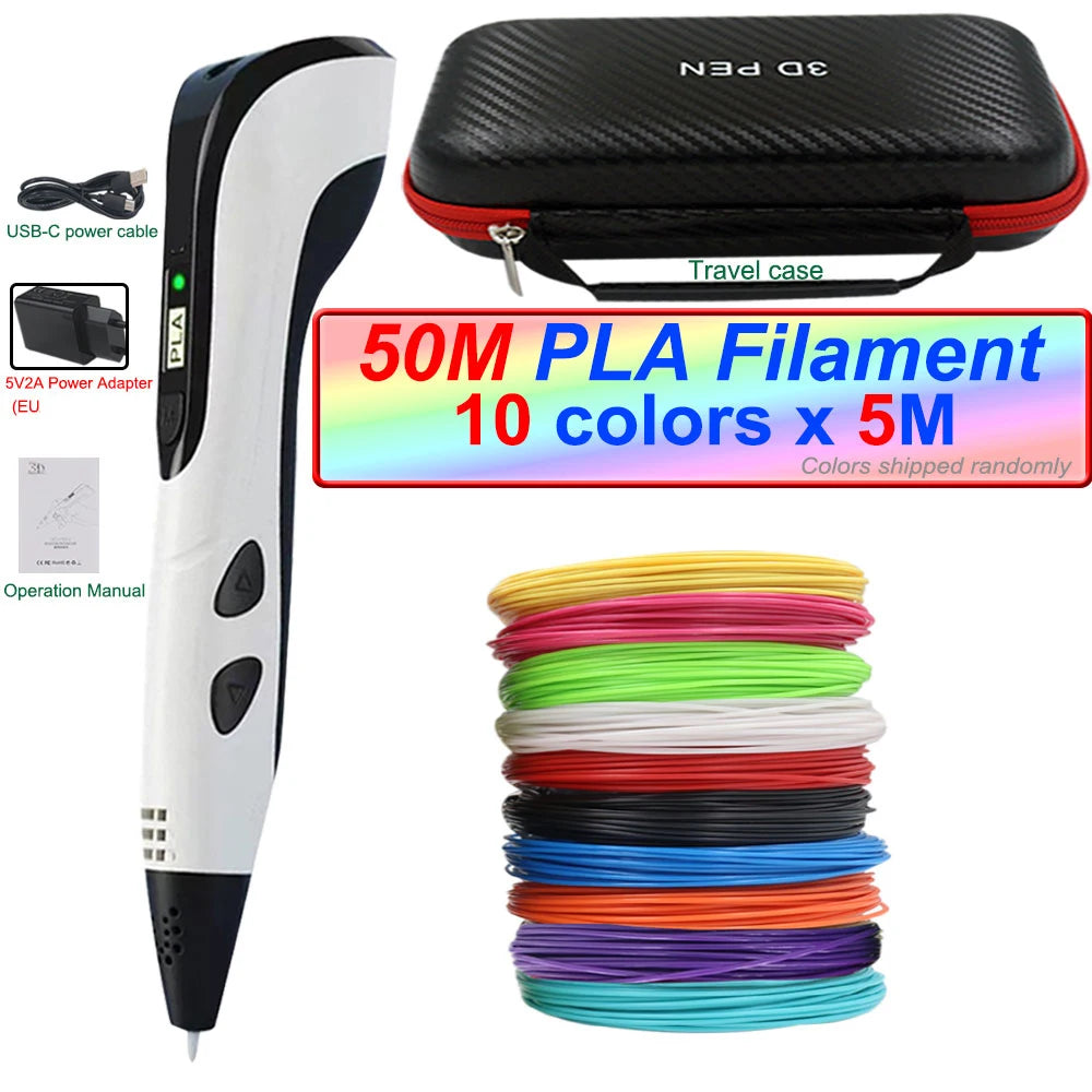 2025 3D Pen Set for Children 3D Printing Pen with LED Screen 100M PLA Power Adapter Travel Box Christmas Birthday Gift for Kids