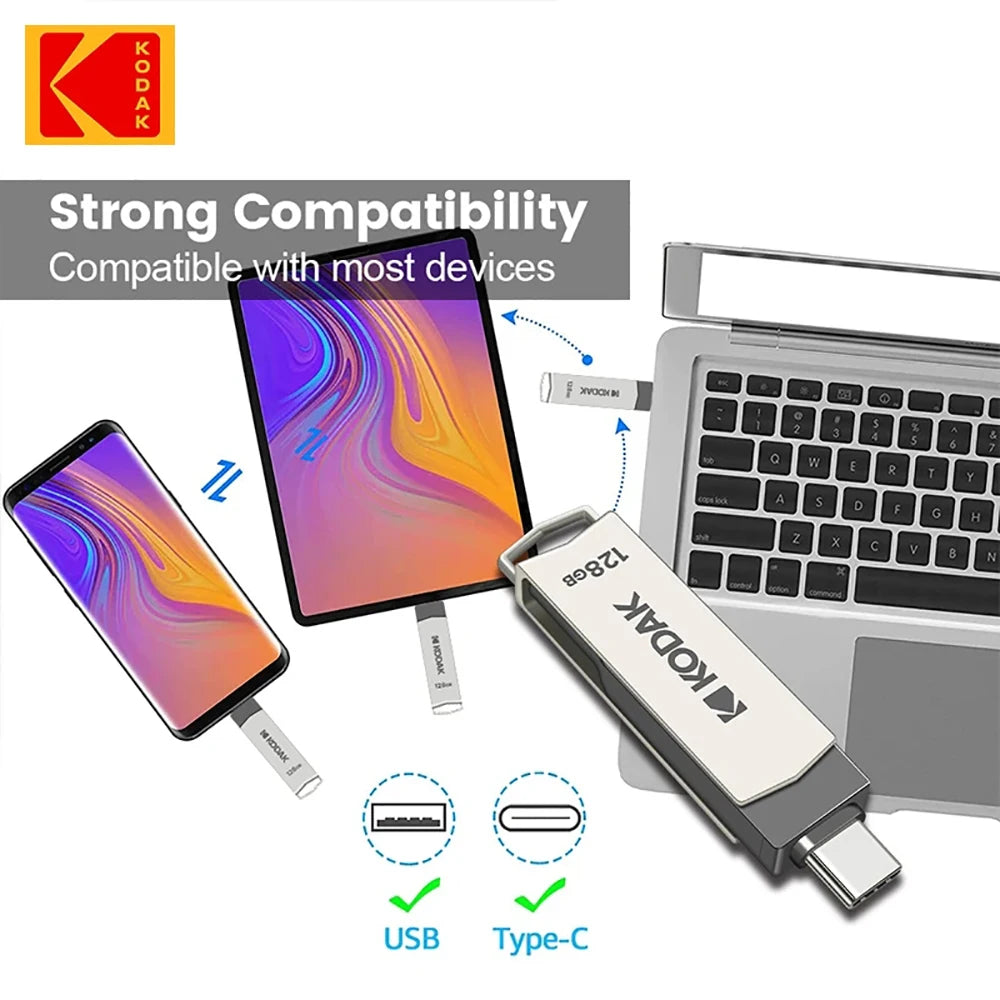 KODAK Type C USB Flash Drive K273 USB3.2 OTG Pendrive 32GB 64GB 128GB 256GB High Speed Metal Dual-Purpose Disk Memory Stick