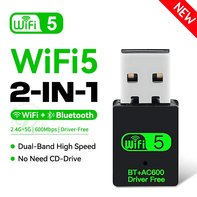 2 IN 1 USB WiFi Bluetooth Adapter 600Mbps 2.4G/5GHz Dual Band Wi-Fi 5 Dongle High-Speed Wireless Network Card Receiver Laptop PC