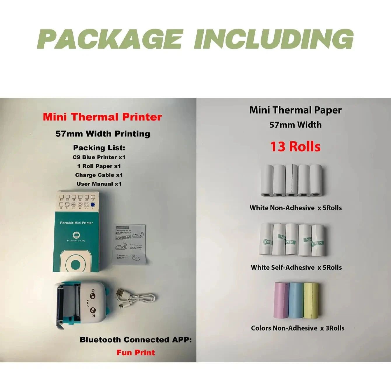 Portable Mini Thermal Printer with 13 Rolls Papers Wireless For paperang Photo Label No Ink Print Memo Wrong Question Printing