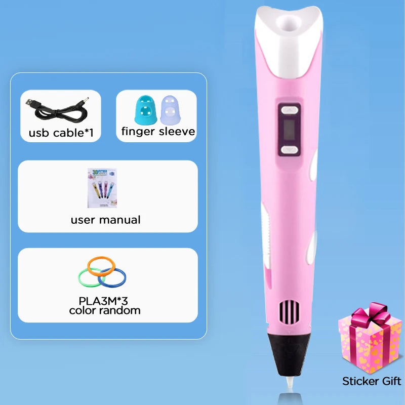 Kids 3D Printing Pen With LCD Screen & Stickers Compatible PLA Filament Safe With 9M PLA Girls Boys Birthday Gift Toys Print Pen