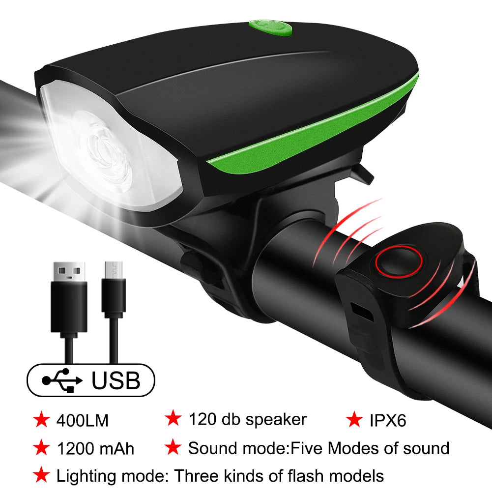 Bicycle Front Light with Electric Loud Horn Waterproof Bike Headlight USB Rechargeable Cycling Flashlight Bike Accessories