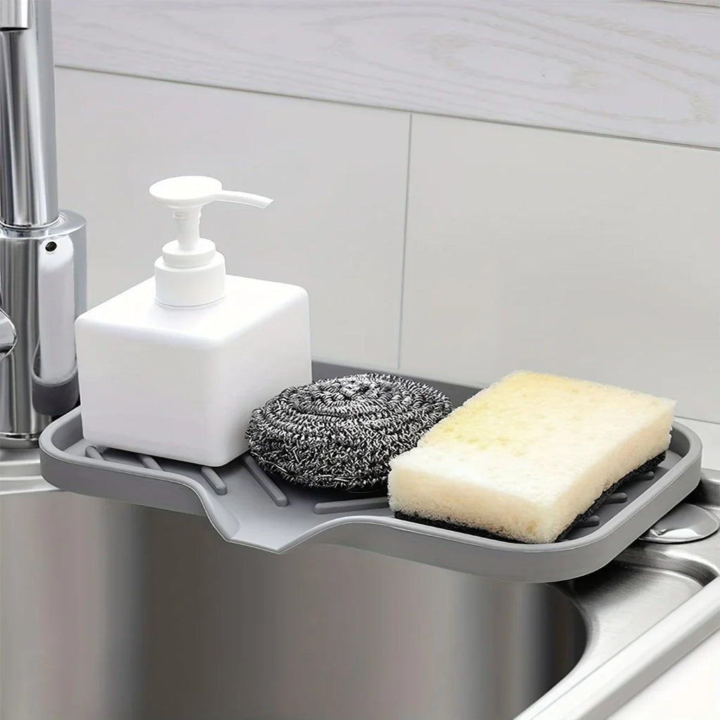 Multifunctional Silicone Sink Tray with Drain - Soap Holder, Sponge & Brush Organizer for Kitchen & Bathroom