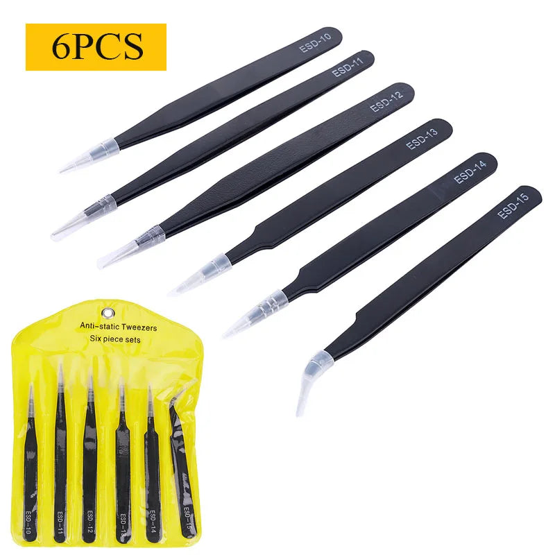 Precision ESD anti-static tweezers set -6-pc durable stainless steel tool for electronic repair and process modeling, bending&St