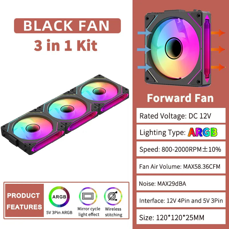 COOLCIRC PC Case Fan 120mm ARGB  Mirror Cycle Light Effect CPU Cooler Fan 4PIN PWM 58.36CFM Fan for Computer Water Cooler