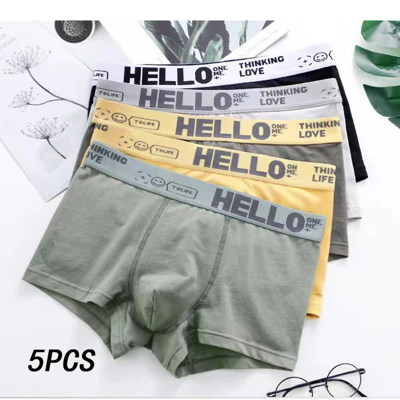5PCS Men Breathable  Boxer Shorts Four-corner Shorts Teenagers Knitted Pure Color Mid-waist Design