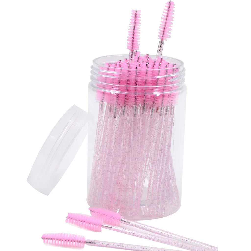 CNKESS 50Pcs/Bottle Disposable Eyelash Extension Mascara Wand Glitter Micro Lash Brushes Spoolie With Container Case Wholesale