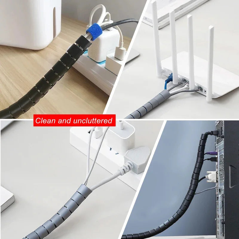 Black Cable Wire Protector Cable Organizer Management Pipe Flexible Wire Wrap Line Coiled Tube Office Cord Sleeve Cover 2M/1.5M