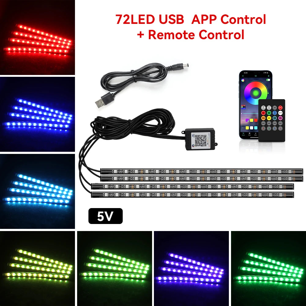 LED Car Foot Light Remote/Voice Control Ambient Lamp Auto Decoration 36/48/72 LED Atmosphere Lamp