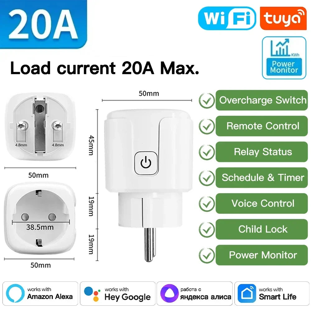 Smart Plug WiFi Socket EU 16A/20A With Power Monitor Timing Function Tuya Smart Life APP Works With Alexa Google Home