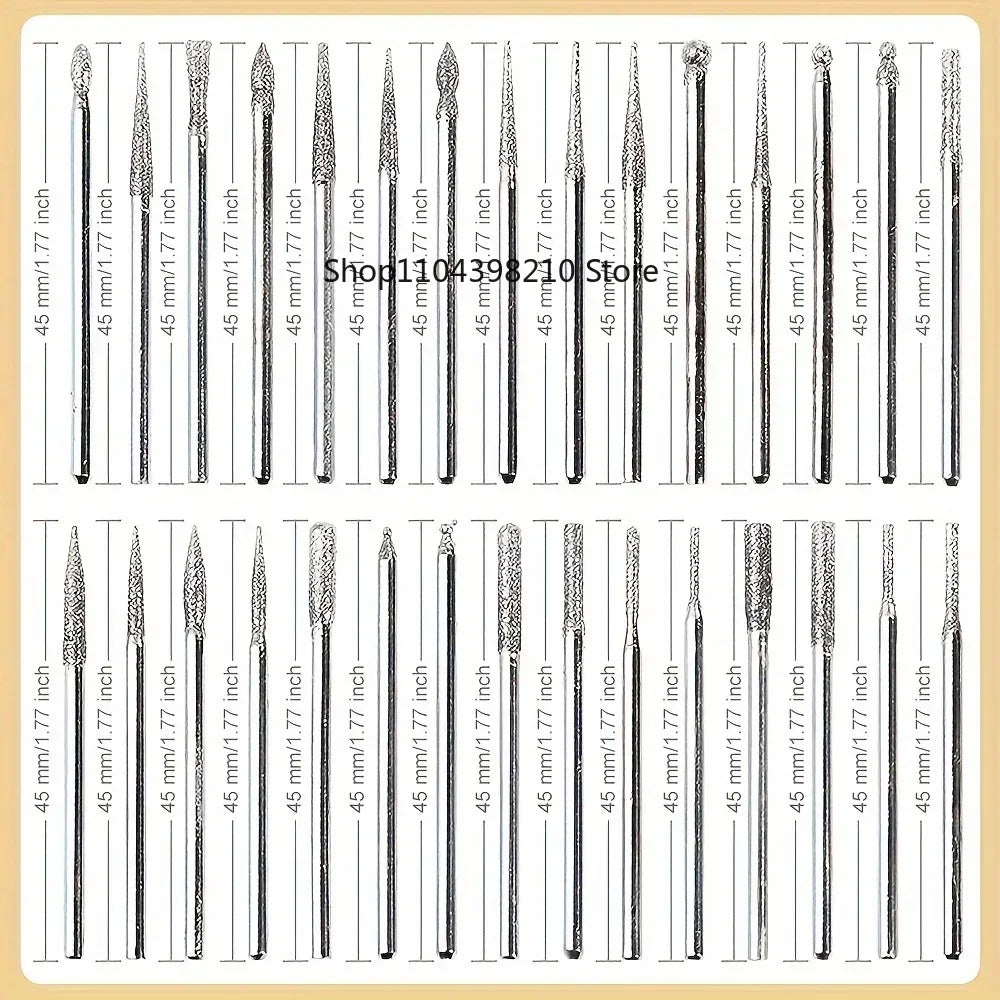 30pcs Diamond Grinding Burr Needle Point Engraving Carving Polishing For Glass Jade Stone 2.35/3mm Drill Bit Rotary Tool Set