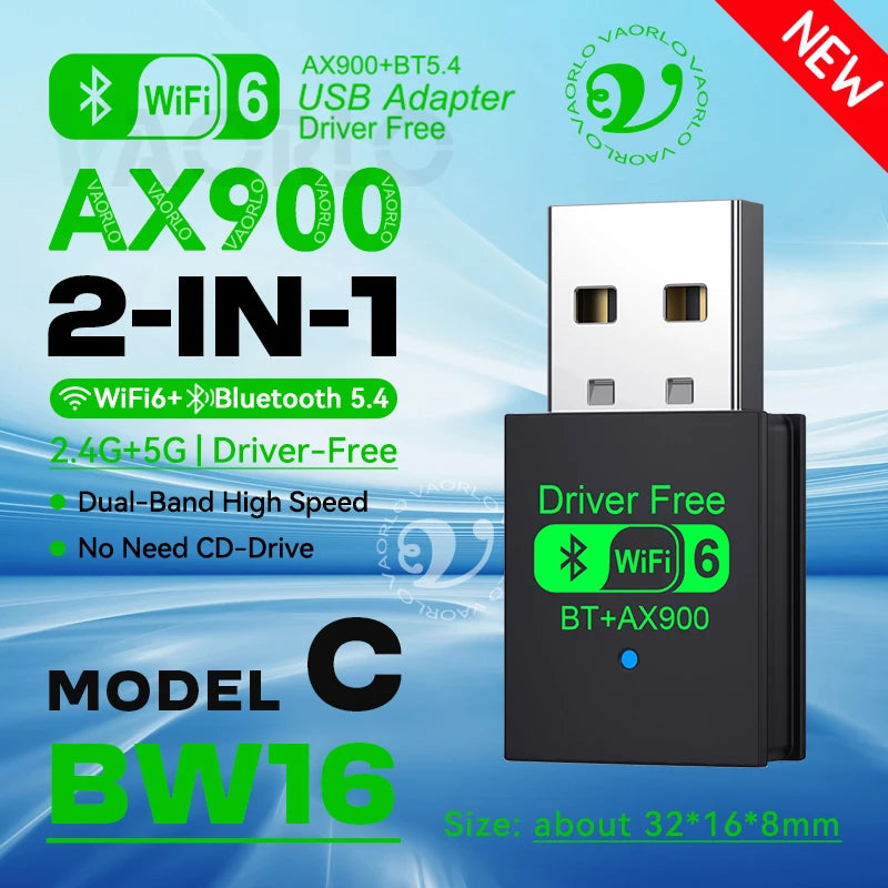 2 IN 1 AX900 WIFI6 USB Adapter Bluetooth 5.4 Dual Band 2.4G&5G 900Mbps WiFi 6 802.11AX Mini Wireless Card Receiver For WIN 10/11