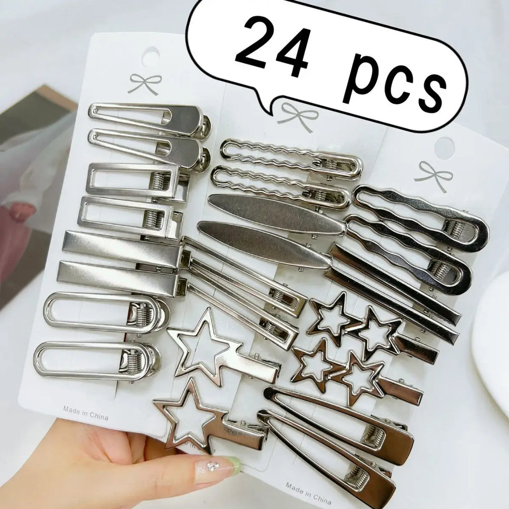 24Pcs/Set Y2K Silver Metal Hair Clips for Women And Girls Star Hair Accessories Multiple Styles Seamless Duckbill Hairpins