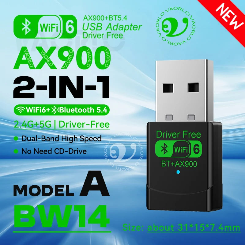 2 IN 1 AX900 WIFI6 USB Adapter Bluetooth 5.4 Dual Band 2.4G&5G 900Mbps WiFi 6 802.11AX Mini Wireless Card Receiver For WIN 10/11