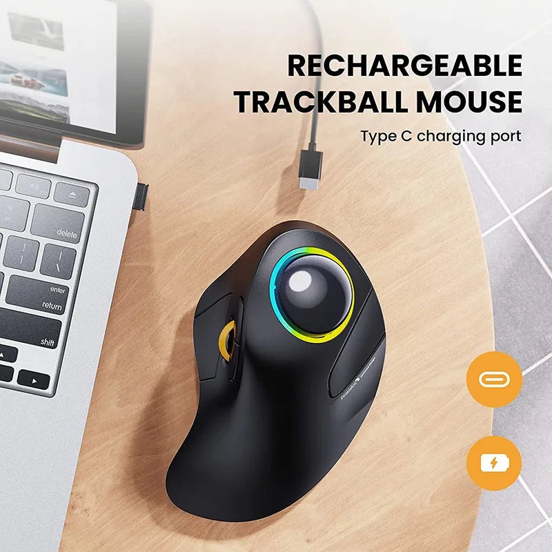 Jomaa Bluetooth RGB Trackball Mouse 2.4GHz Wireless Finger Control Rechargeable Ergonomic Backlit Rollerball Mice for Mac iPad