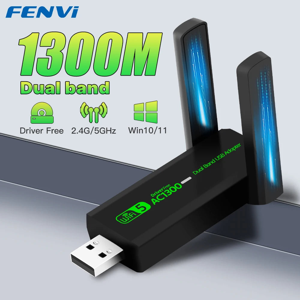 FENVI 1300Mbps WiFi USB Adapter Dual Band 2.4GHz/5GHz Wireless Dongle Signal Receiver External Antenna For PC/Laptop Win 7/10/11