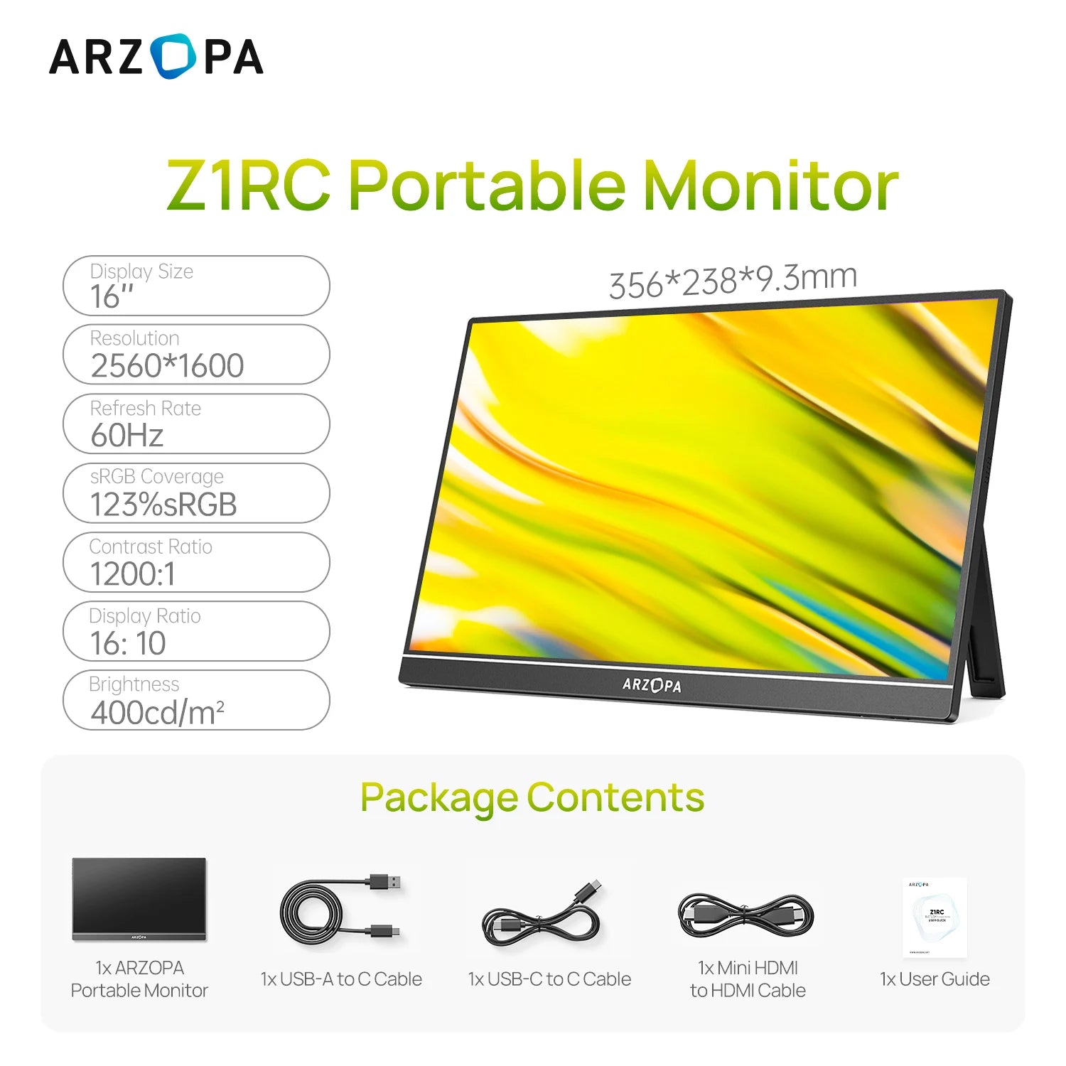 ARZOPA 16inch 2K Portable Monitor 16:10 IPS Screen with type-c mini hdmi Second Display for MAC/Laptop/PC/Xbox/PS4/5/Switch,Z1RC