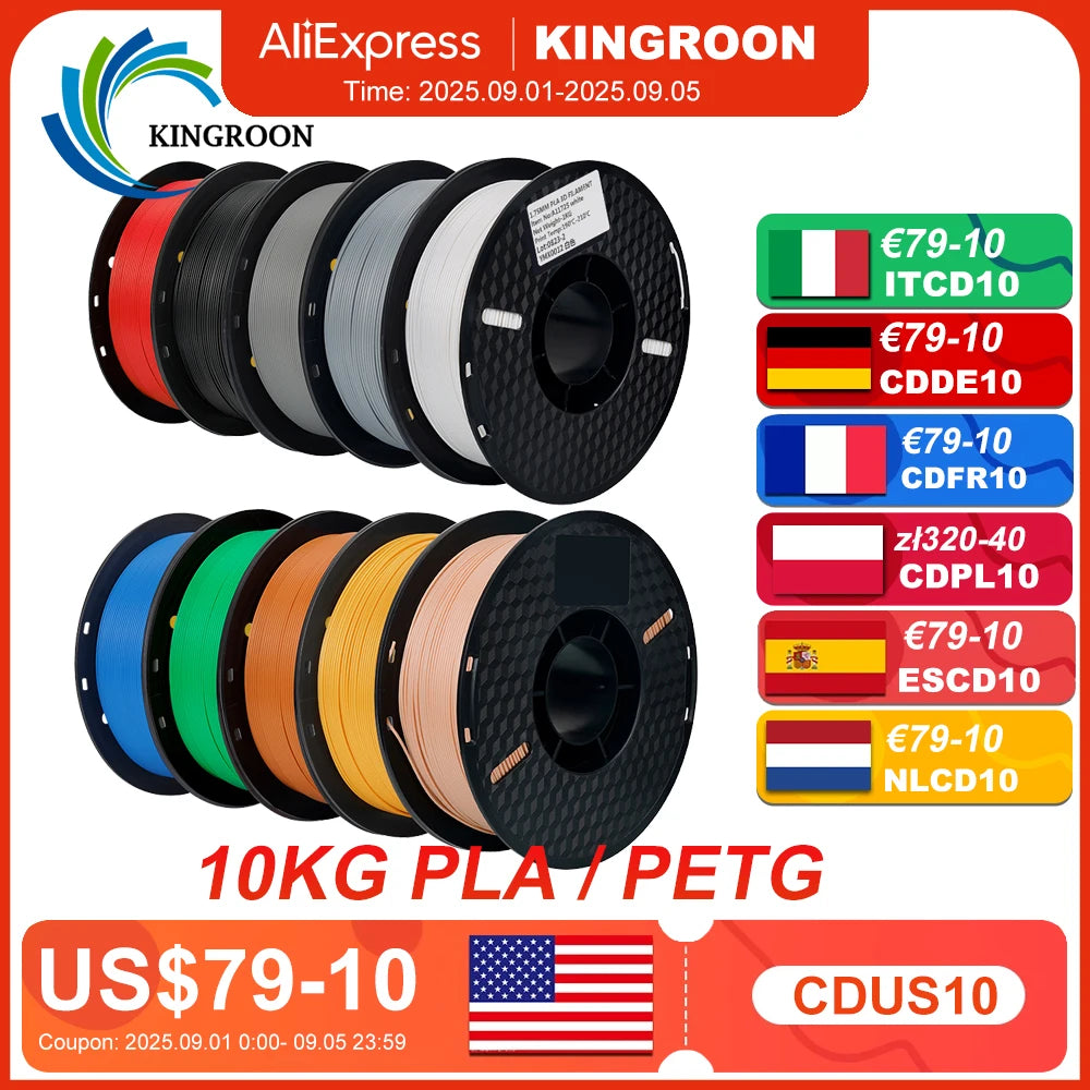 KINGROON 22LBS PETG or PLA filament 3D Printer Filament 10 Rolls 1KG 1.75MM Eco-Friendly Good Toughness Mix Color Free Shipping