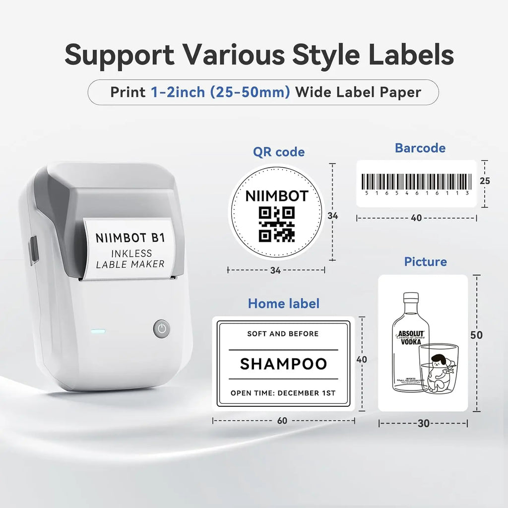 NIIMBOT B1 Portable Thermal Printer With Tapes 2 Inch Adhesive Label Machine Mini Bluetooth Sticker Maker Waterproof Labels Roll