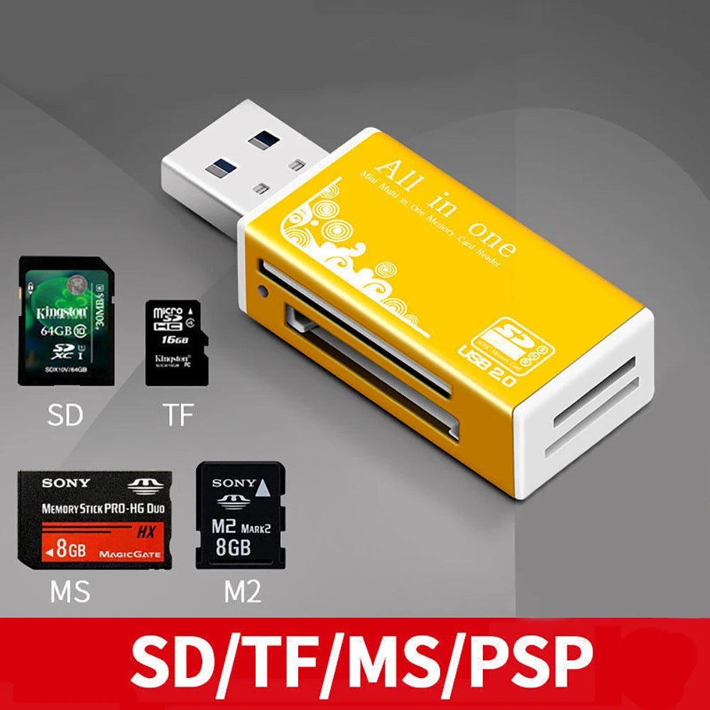 Alloy Card Reader 4 Ports USB2.0 Micro SD TF M2 MS Pro Duo MMC SDHC DV Phone Camera Memory Card Adapter with LED Indicator