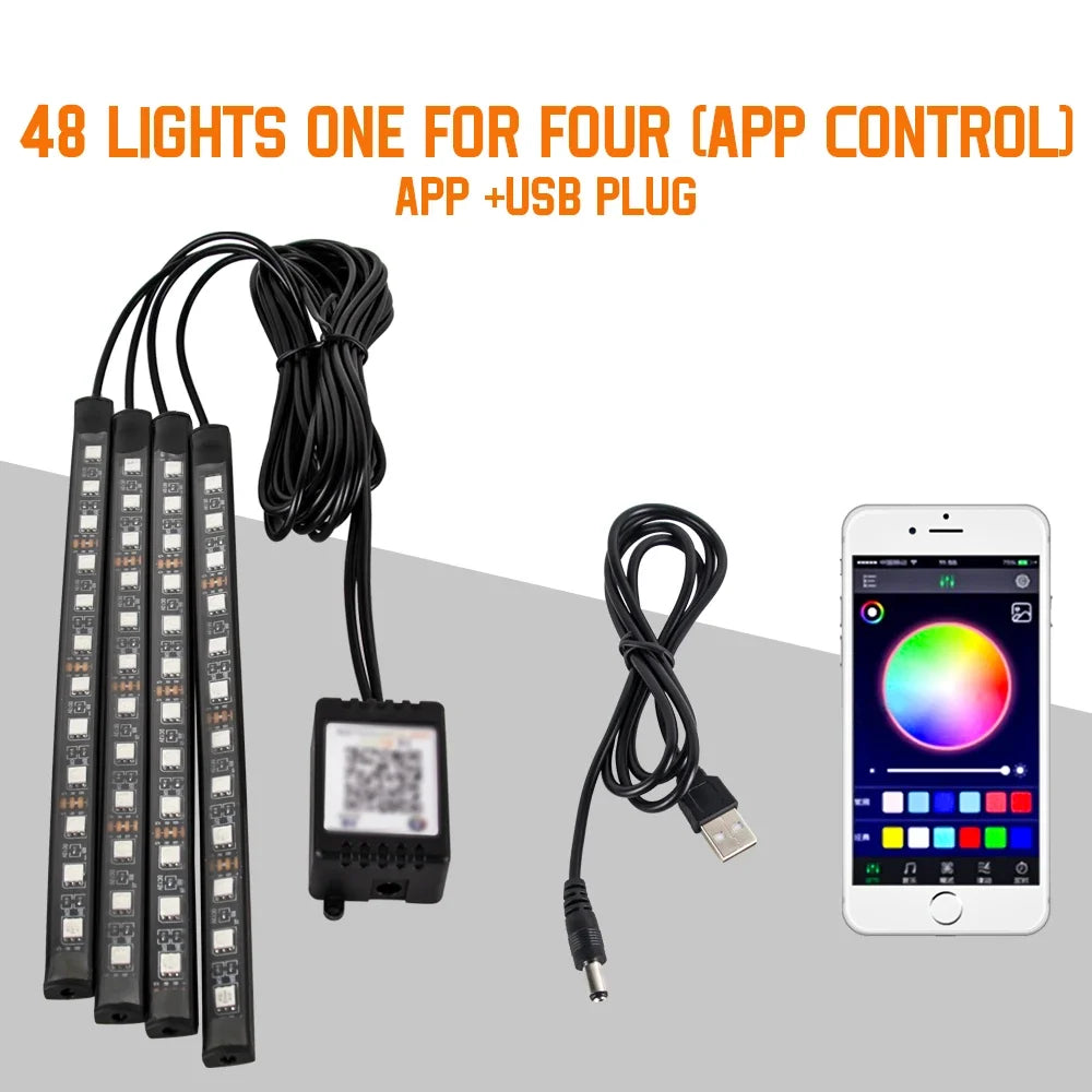 Neon 36 48 72 LED Car Interior Ambient Foot Light Wireless Remote Music APP Control Auto RGB Atmosphere Decorative Lamp