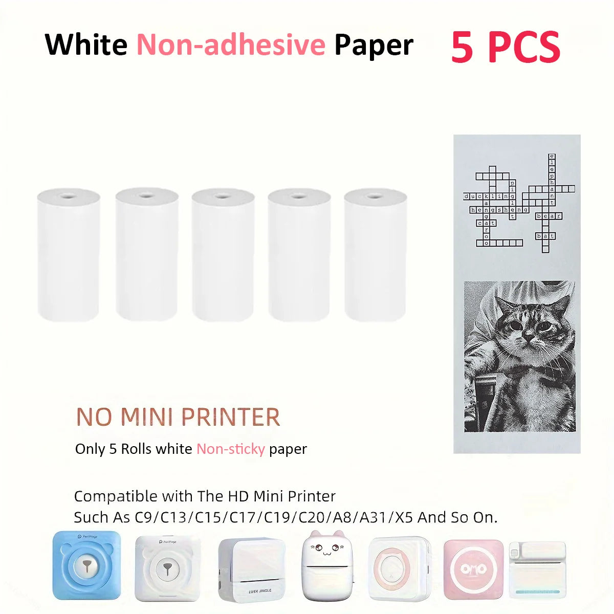 Mini Pocket Printer 5 Rolls Of Self-Adhesive Paper Portable Thermal Printer For Printer Suitable For Home Office Study And Work