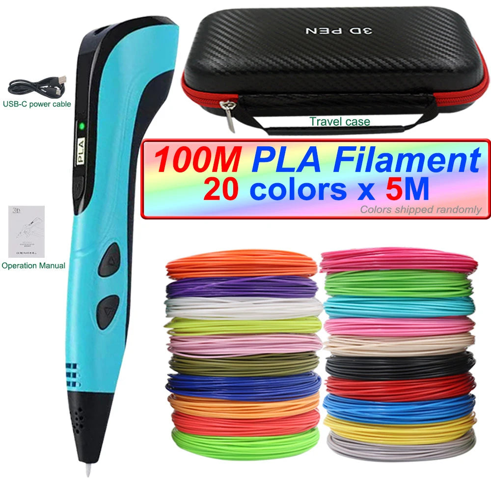 2025 3D Pen Set for Children 3D Printing Pen with LED Screen 100M PLA Power Adapter Travel Box Christmas Birthday Gift for Kids