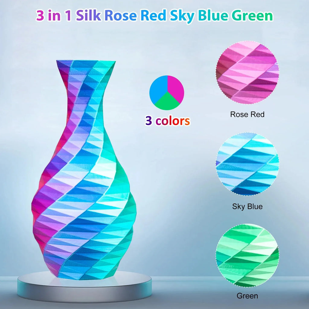 Silk PLA 3D Printer Filament 1.75mm Triple Color Silk PLA Filament 3D Printing Filament 250g 3 In1 Color Rose Red Sky Blue Green