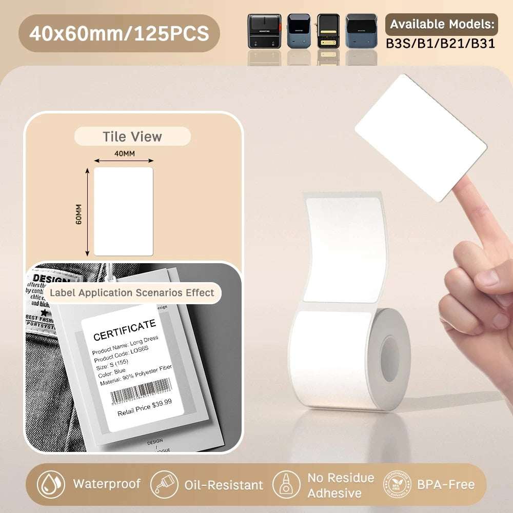 NIIMBOT B21/B1/B3S Full white series Thermal Label Sticker Paper Printable 20-50mm