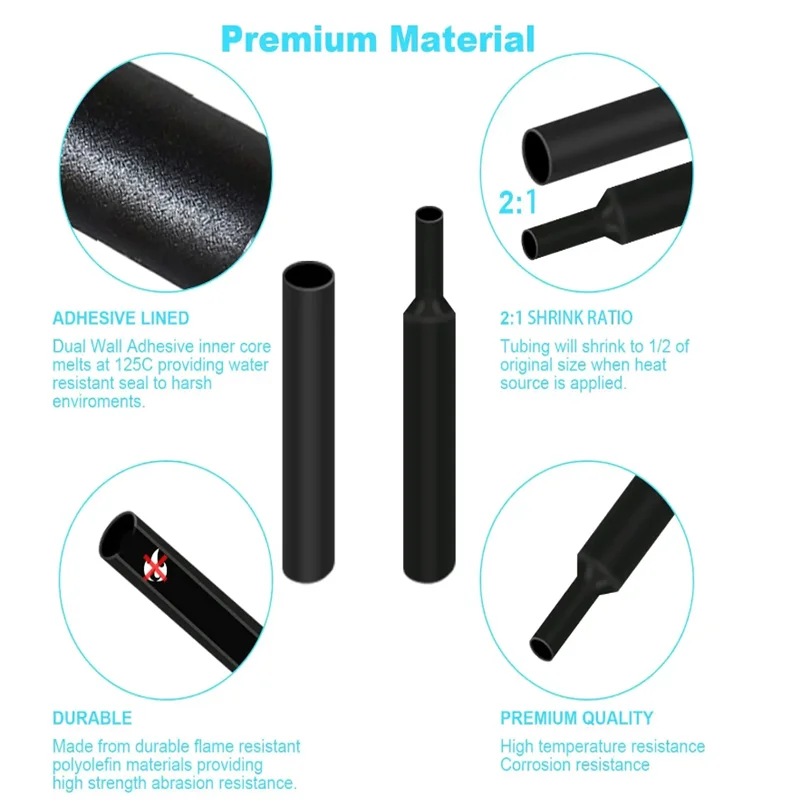 Black Heat Shrink Tube Kit Thermoresistant Tubing Shrink Wire Wrapping Electrical Connection Cable Insulation Sleeves Protecter
